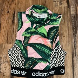 Adidas Green and Pink Leaf Print Crop Top